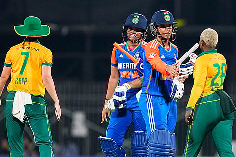 Smriti Mandhana with Shafali Verma shakes hands with South African players